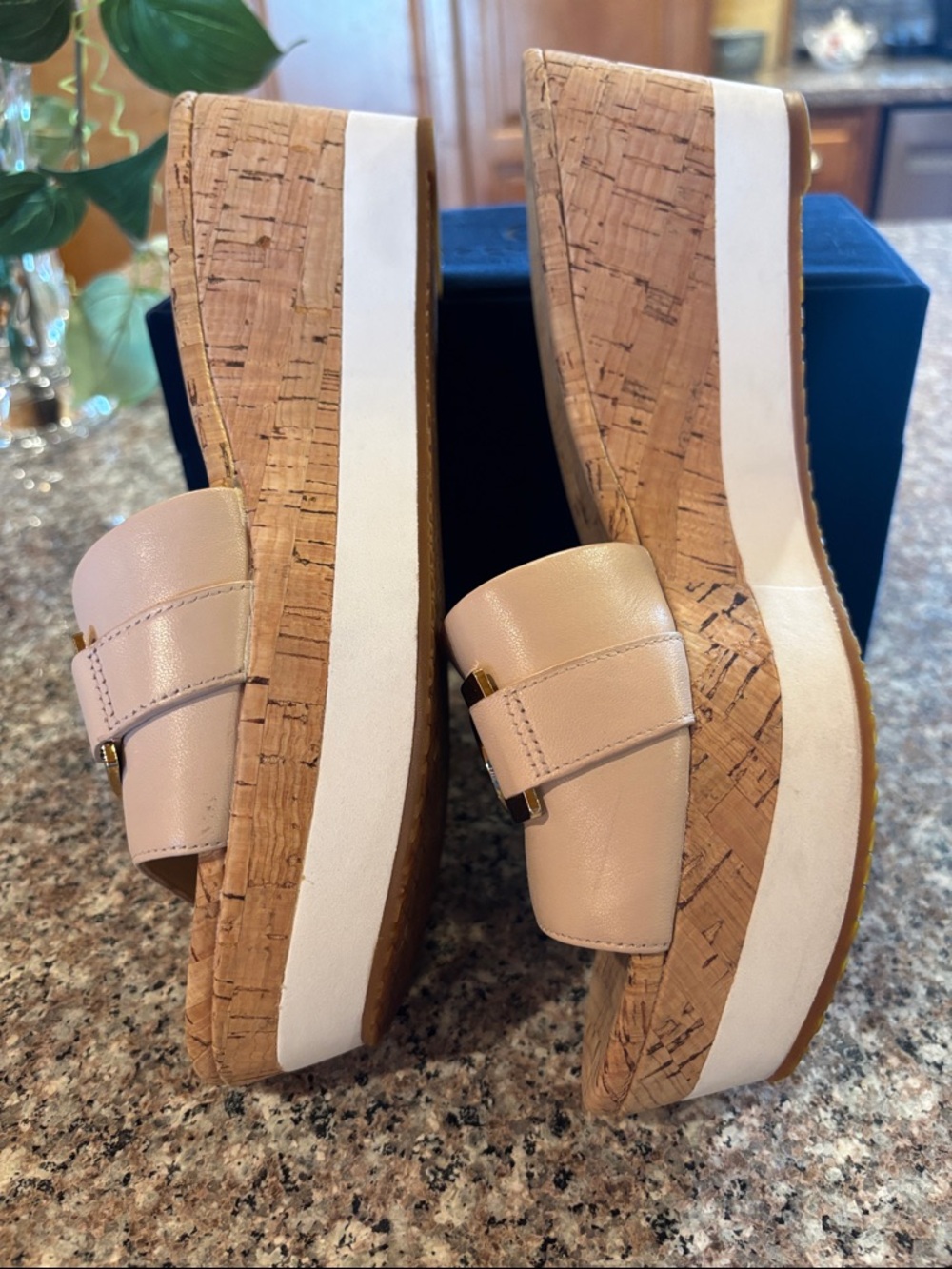 Michael Kors Warren Nude Leather Cork Wedge Slide Sandals with Gold MK Medallion - Picture 12 of 16